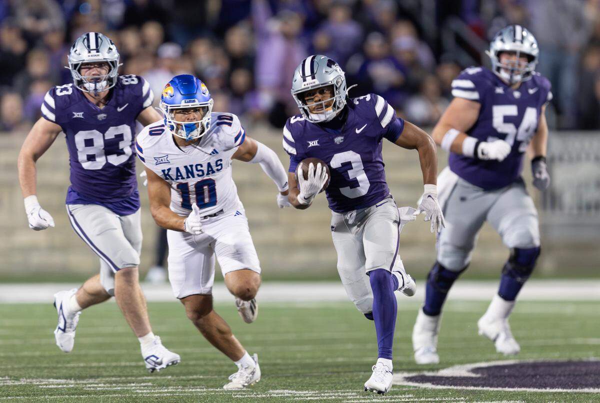 Kansas State’s Dylan Edwards takes off for a long run during the second half of a game against Kansas on Saturday, Oct. 26, 2024, at Bill Snyder Family Stadium. 