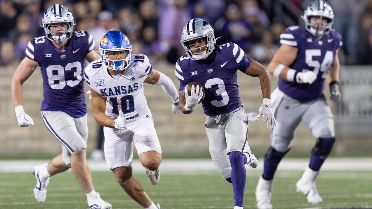 Kansas State’s Dylan Edwards takes off for a long run during the second half of a game against Kansas on Saturday, Oct. 26, 2024, at Bill Snyder Family Stadium.