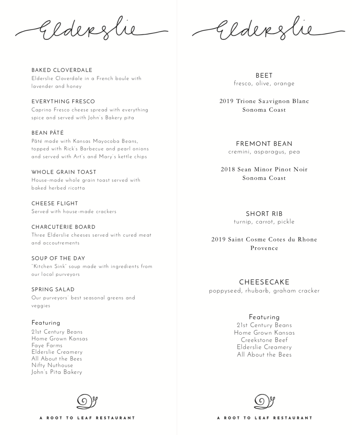 The left side of the Elderslie Farm menu lists appetizers that people can order while enjoying a more casual evening meal on the patio. The right side lists the restaurant’s new multi-course, reservation-only menu.