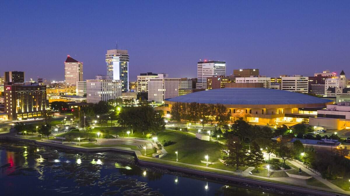 Nigh time view of the Wichita skyline.