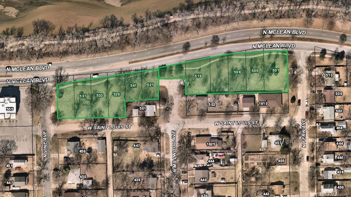 Aerial view of the parcels between Vine and Fern on McLean that could become Wichita’s newest city park.