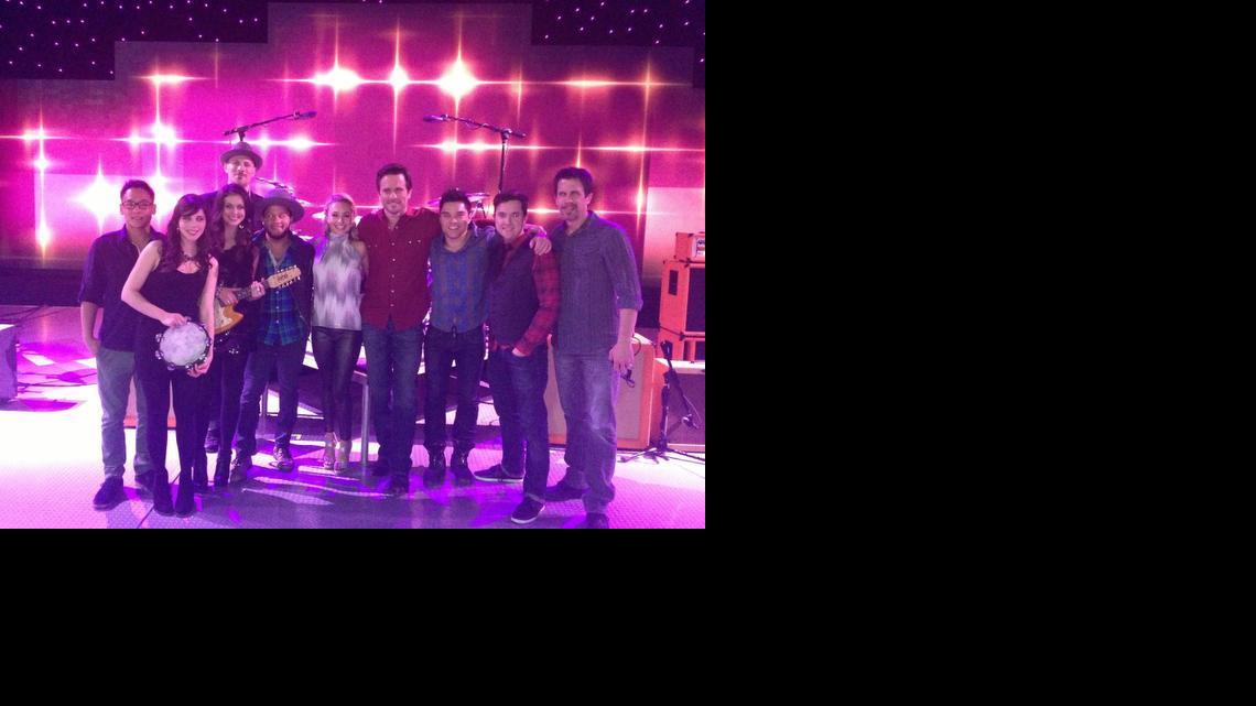 Matt Combs, back row, is pictured on the set of “Nashville” with many of the stars, including Hayden Panettiere, fifth from right, and Chip Esten, fourth from right. Combs is an on-screen musician and coach for the ABC show.

