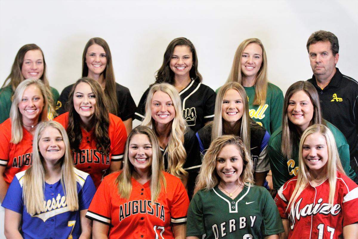 The Wichita Eagle’s 2019 All-Metro Softball Team: (Back row): Bishop Carroll’s Reagan Smith, Andale/Garden Plain’s Macie Eck, Maize South’s Lauren Johnson, Bishop Carroll’s Isabel Marcotte, Andale/Garden Plain’s Chuck Schrader, (Middle row) Augusta’s Bailey Pennycuff, Augusta’s Gracie Johnston, Maize South’s Ashlie Thissen, Goddard’s Gentry Shepherd, Bishop Carroll’s Kaylin Watkins, (Front row) Bluestem’s Natalie Bevan, Augusta’s Sophie Johnston, Derby’s Madi Young, Maize’s Sophia Buzard