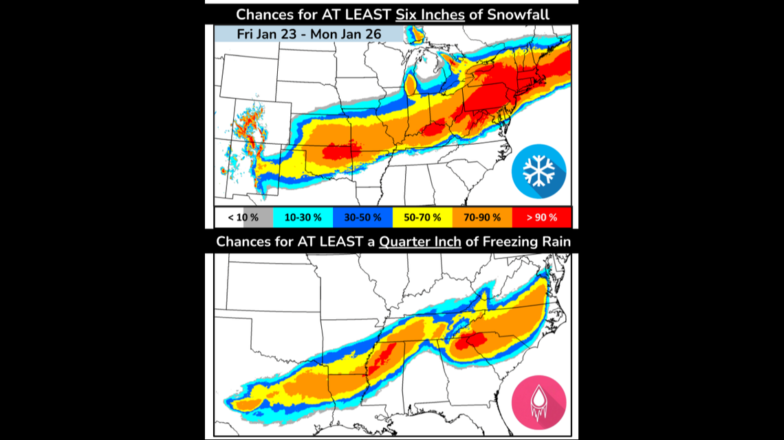 A look at the National Weather Service Weather Prediction Center’s forecast released Friday showing areas of the U.S. that will see snow accumulation (top) and freezing rain (bottom).