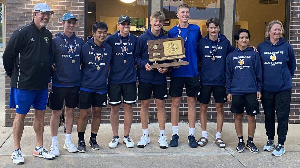 The Collegiate boys tennis team captured the Class 4A team championship in Wichita on Saturday. It was the 25th team title in program history and the fourth in the last five state tournaments.