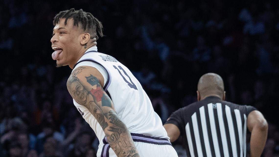 Kansas State’s Keyontae Johnson celebrates a three-pointer during the second half of the East Regional Final against Florida Atlantic at Madison Square Garden on Saturday night.