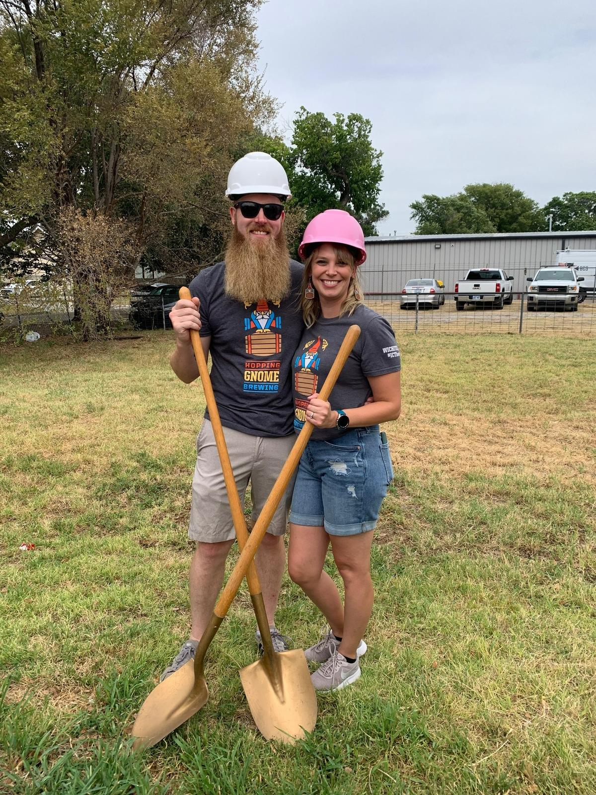 Torrey and Stacy Lattin, owners of Hopping Gnome Brewing Company, are pictured in September 2022, the day they broke ground on their soon-to-open new taproom.