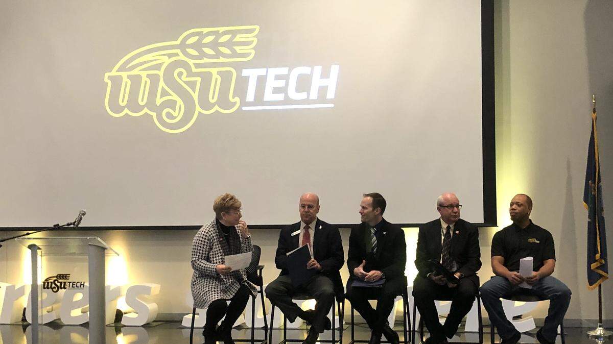 WSU Tech officials announced Friday that the school will offer tuition-free programs to laid-off aviation workers. Speaking during the event were WSU Tech’s Sheree Utash, Sedgwick County’s Pete Meitzner, Wichita Mayor Brandon Whipple, Workforce Center’s Keith Lawing and Robert Tallie, a WSU Tech grad affected by recent layoffs.
