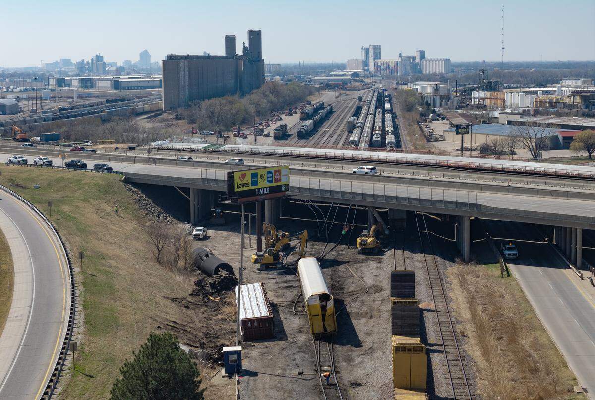 A train derailment overnight on a Union Pacific line near I-135 and K-96 has caused damage to some of the pillars that hold up the bridge at northbound I-135. The northbound lanes of I-135 remained closed on Saturday while crews cleaned up the area and assessed the damage.