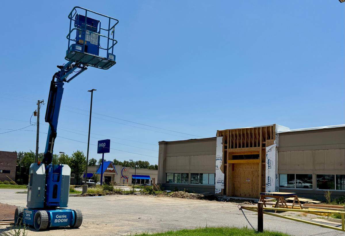 Construction crews are busy turning the old IHOP at Ridge and Maple in Wichita into a new Chase Bank branch.
