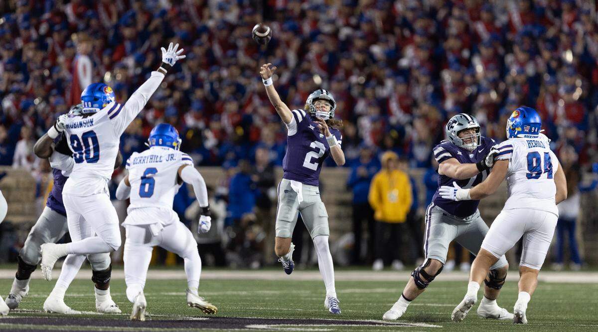 Kansas State’s Avery Johnson launches a pass during the second quarter of the Sunflower Showdown game against Kansas on Saturday, Oct. 26, 2024, at Bill Snyder Family Stadium.