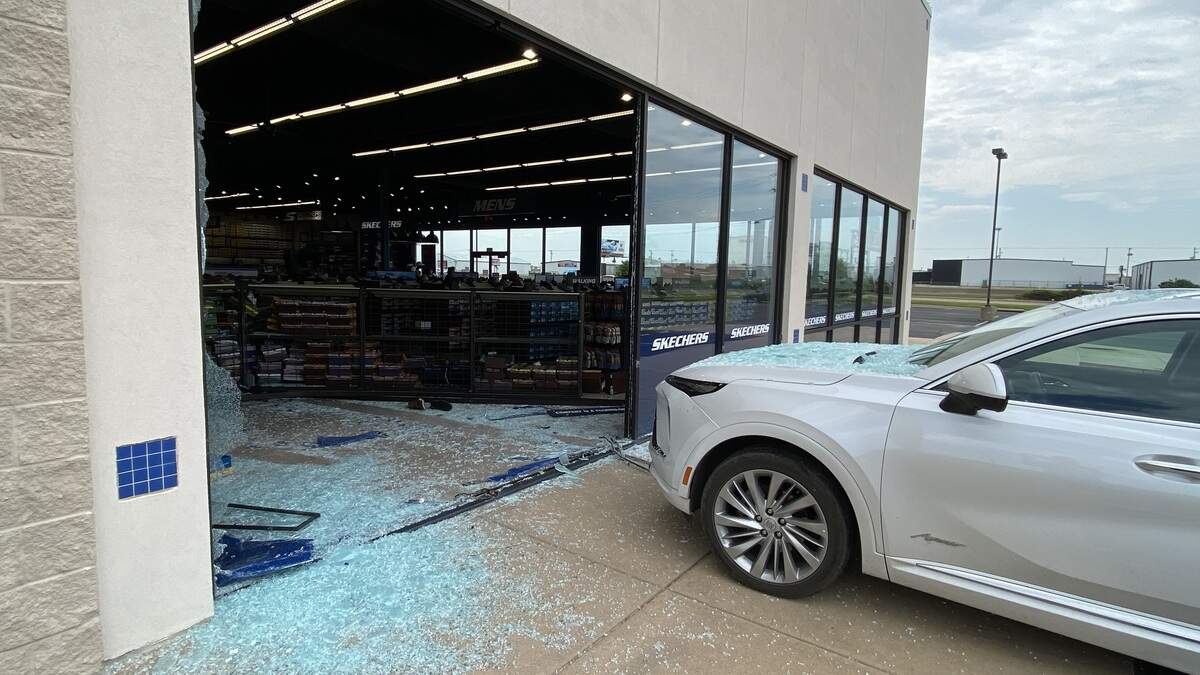 A vehicle crashed into a window at a Skechers store in the 4500 block of West Kellogg in Wichita on Thursday.