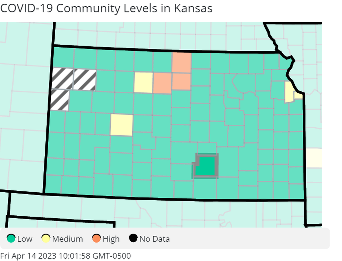 This map of Kansas from the U.S. Centers for Disease Control and Prevention shows COVID-19 community levels by county as of April 14, 2023.