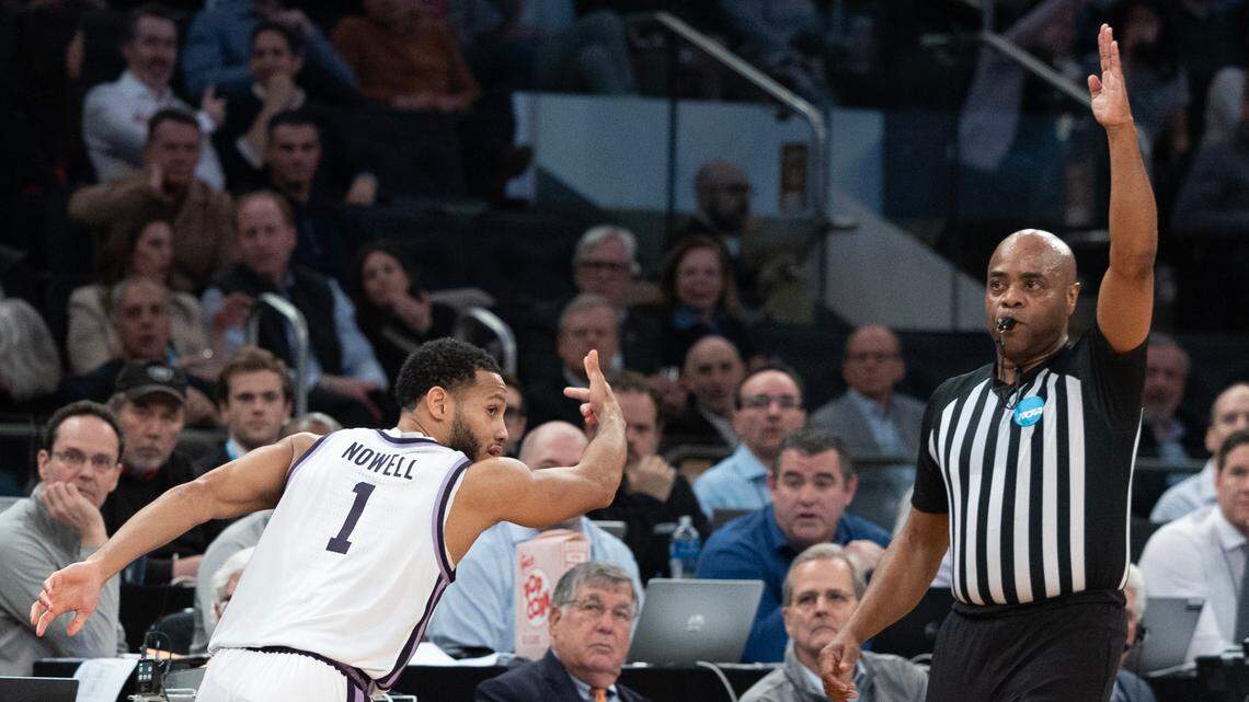 Kansas State’s Markquis Nowell celebrates a three-pointer during the first half of an East Regional semifinal game against Michigan State at Madison Square Garden on Thursday night.