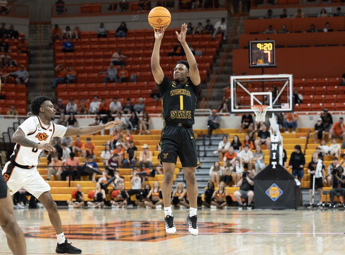Wichita State’s Kenyon Giles makes one of his eight three pointers during the second half of their NIT second round game against Oklahoma State on Sunday night in Stillwater.