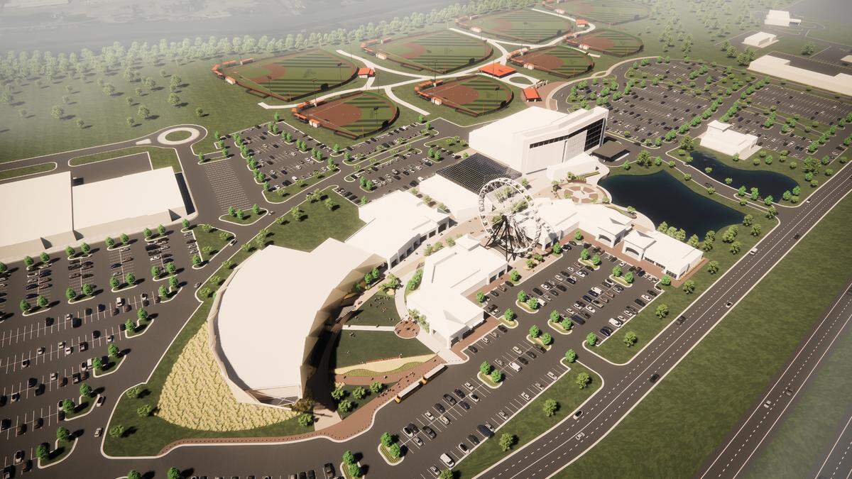 This aerial illustration of the Champtown development in Park City shows the positioning of eight baseball and softball fields adjacent to the project. Though separate developments, the Champtown partners are behind the fields and expect them to be a chief driver for people to visit the area and patronize Champtown.