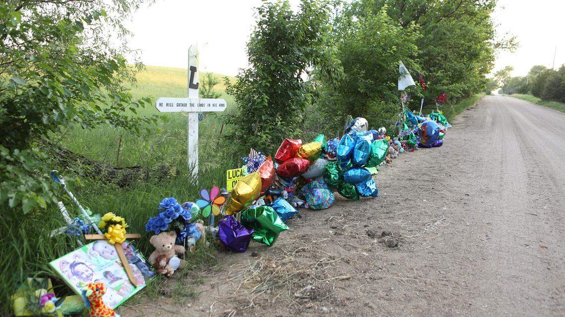 Family and strangers have left flowers, toys and balloons at the Harvey County bridge where the body of 5-year-old Lucas Hernandez was found May 24. Some of the items will be displayed at his memorial service Saturday.