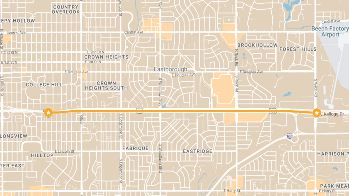 The left and center lanes of eastbound Kellogg from Hillside Street to Webb Road in Wichita will close Sunday for maintenance work that’s expected to last through December.