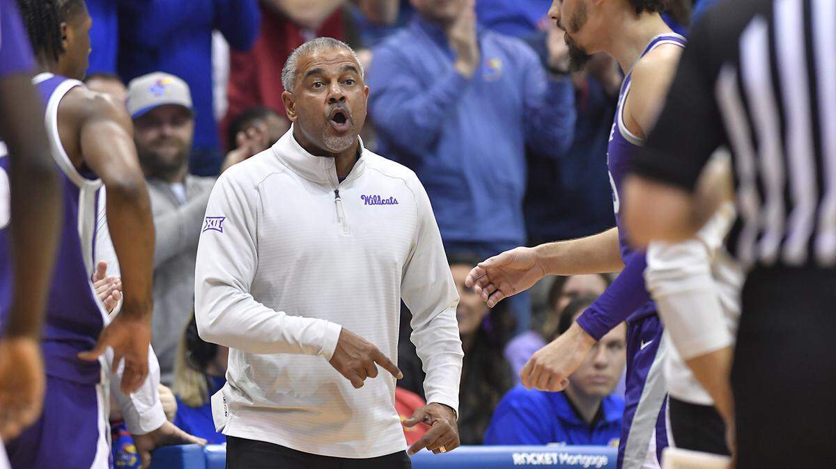 Kansas State coach Jerome Tang drew a technical foul after arguing a call during the first half of Tuesday night’s Big 12 Conference game at Allen Fieldhouse. KU beat Kansas State, 90-78.