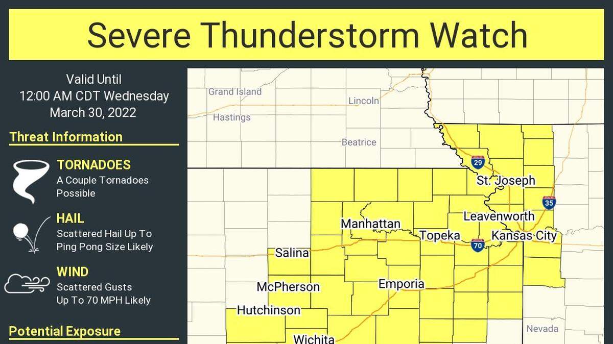 The National Weather Service in Wichita has issued a severe thunderstorm watch for portions eastern Kansas and Missouri until midnight on Tuesday. 