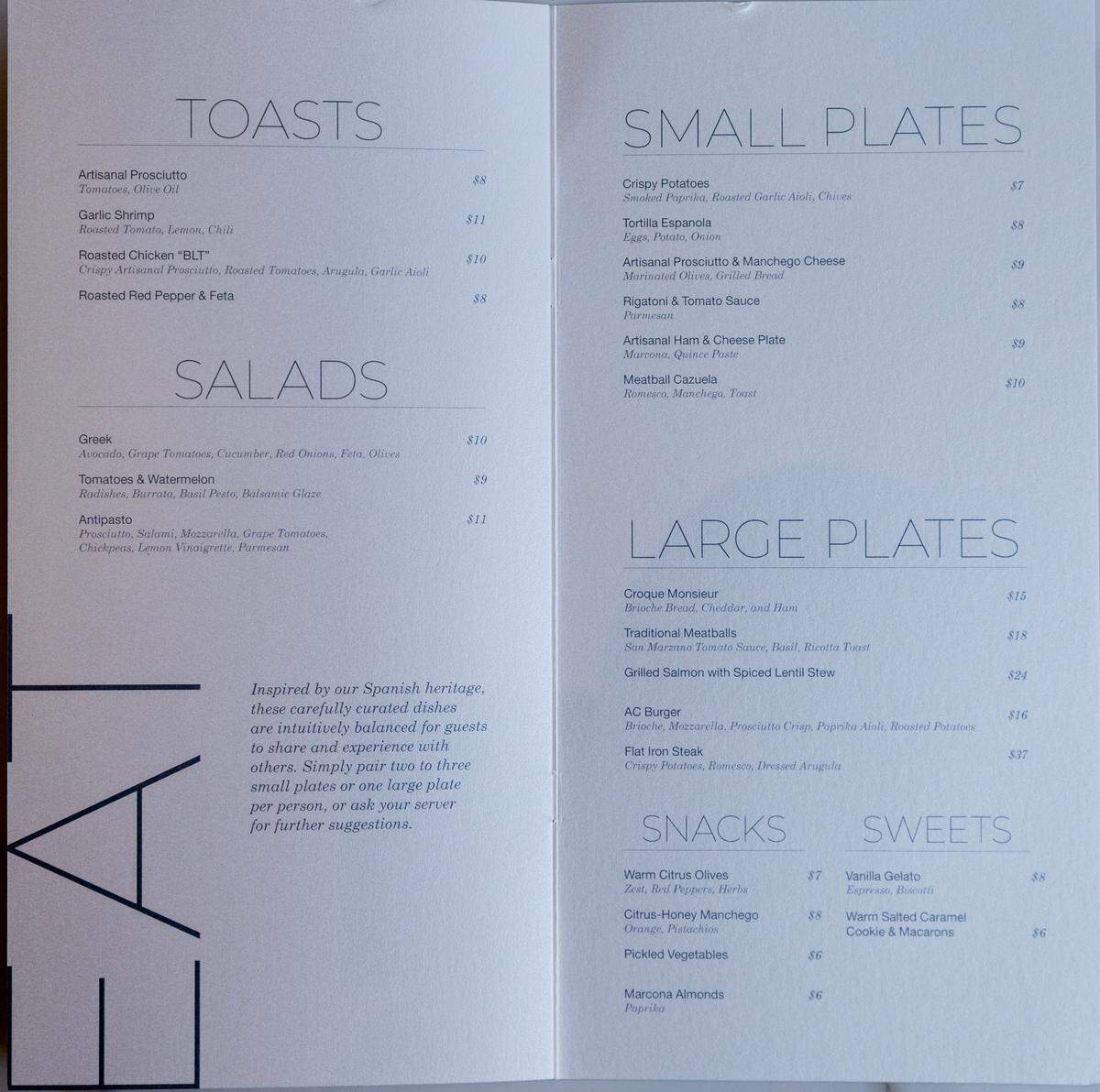 The food menu for the new AC Marriott hotel in downtown Wichita, which opens on July 16.