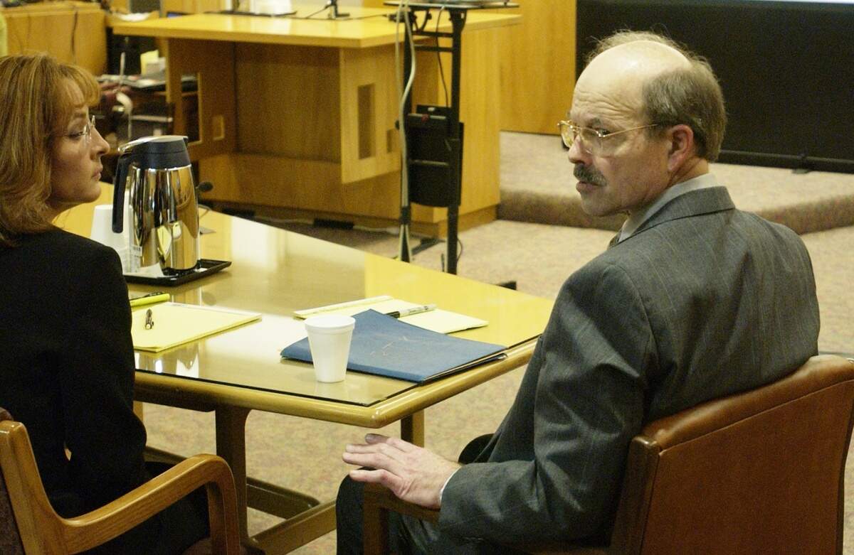Dennis Rader sits in a Sedgwick County courtroom during the first day of testimony in his sentencing phase on August 17, 2005. Rader, also known as BTK, has pled guilty to killing 10 people during a spree spanning 30 years in the Wichita, Kansas area.