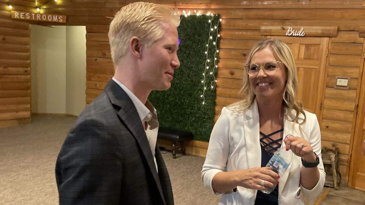 Republican Sedgwick County Commission candidate Stephanie Wise chats with former Goddard Mayor Hunter Larkin at her election-night party Tuesday.