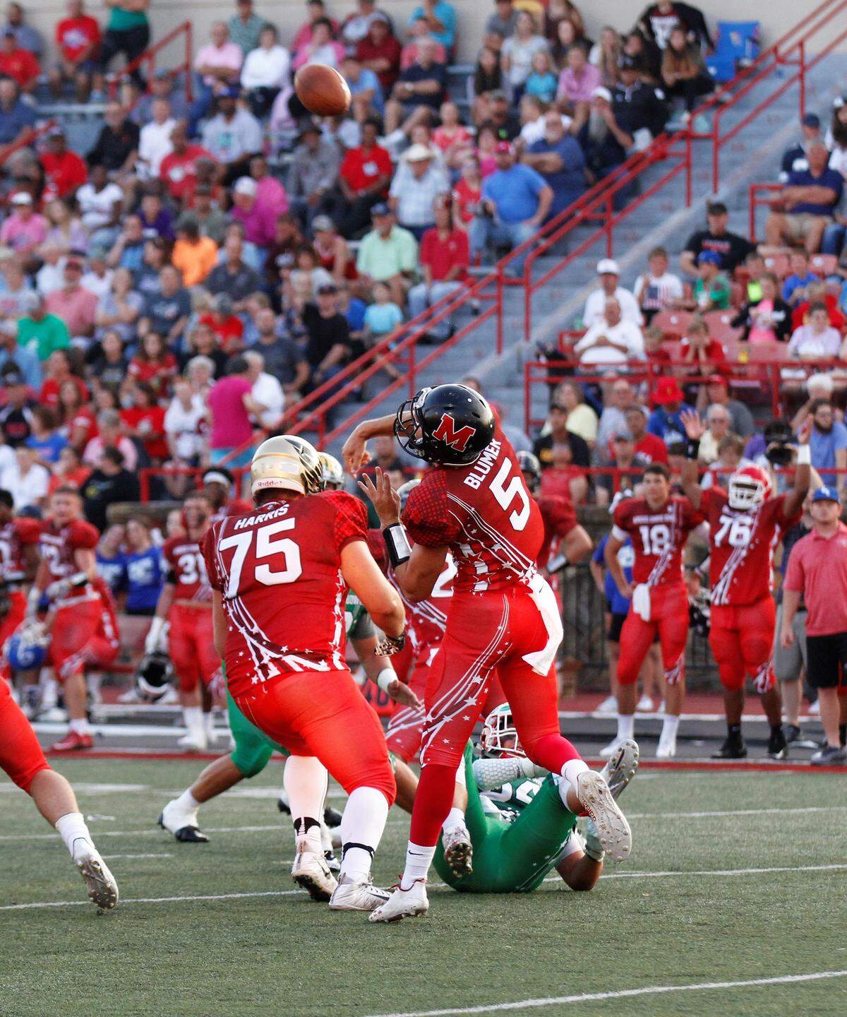 Marysville quarterback Jack Blumer heaves a pass deep downfield during the 2018 Kansas Shrine Bowl at Carnie Smith Stadium in Pittsburg, Kansas. The East beat the West 21-14. (July 28, 2018)