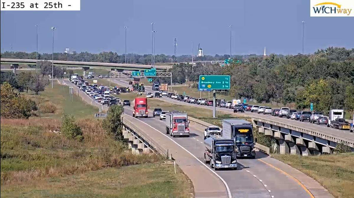 Traffic crawls along I-235 near K-96 in west Wichita Oct. 10.