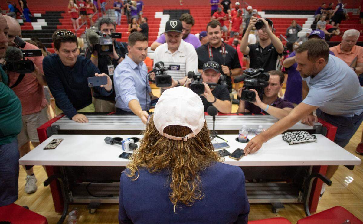 Avery Johnson faces reporters on Tuesday at Maize High after the announced his commitment to Kansas State.