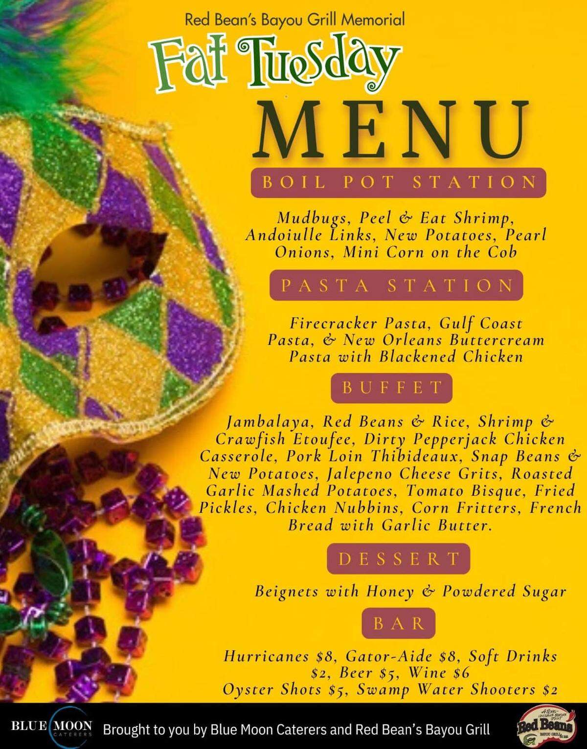 Saturday’s Red Bean’s Bayou Grill Memorial Fat Tuesday dinner will be first-come, first-served.