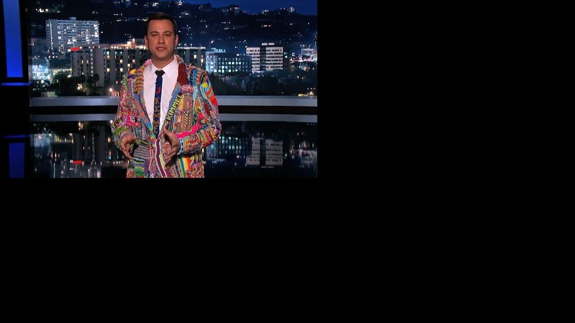 Screenshot of "Jimmy Kimmel Live" on Wednesday night, wearing a suit made from Rainbow Loom bands.