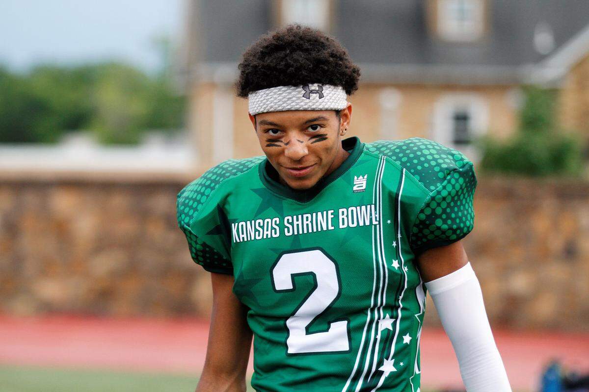 Campus cornerback Federico Harvey Jr. gives the crowd a stare during the introductions of the 2018 Kansas Shrine Bowl at Carnie Smith Stadium in Pittsburg, Kansas. The East beat the West 21-14. (July 28, 2018)