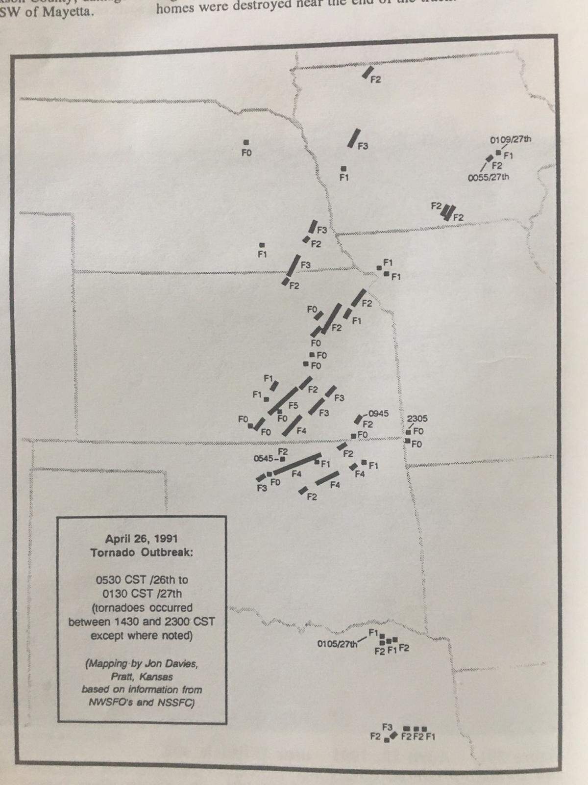 This map of the April 26, 1991 tornado outbreak, was produced by KSN’s Jon Davies. Each of the thick black lines shows the path of a tornado along with its Fujita Scale rating.
