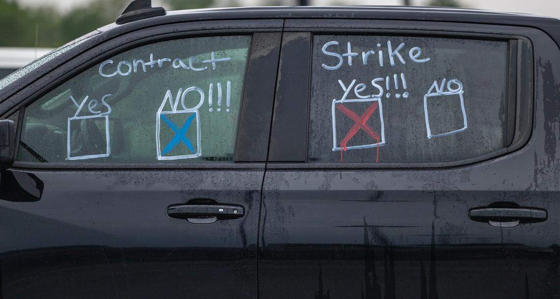 Machinist union members from Spirit AeroSystems gathered at Hartman Arena on Wednesday to vote on a proposed labor contract and whether of not to strike if the contract wasn’t accepted.