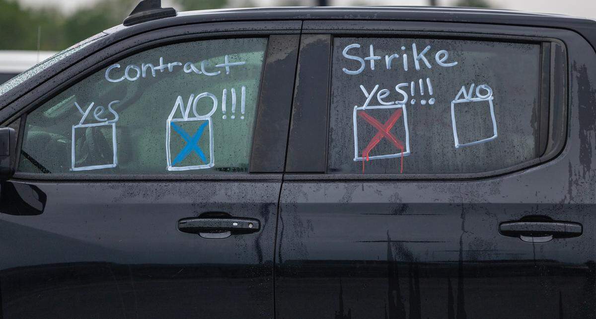Machinist union members from Spirit AeroSystems gathered at Hartman Arena on Wednesday to vote on a proposed labor contract and whether of not to strike if the contract wasn’t accepted.