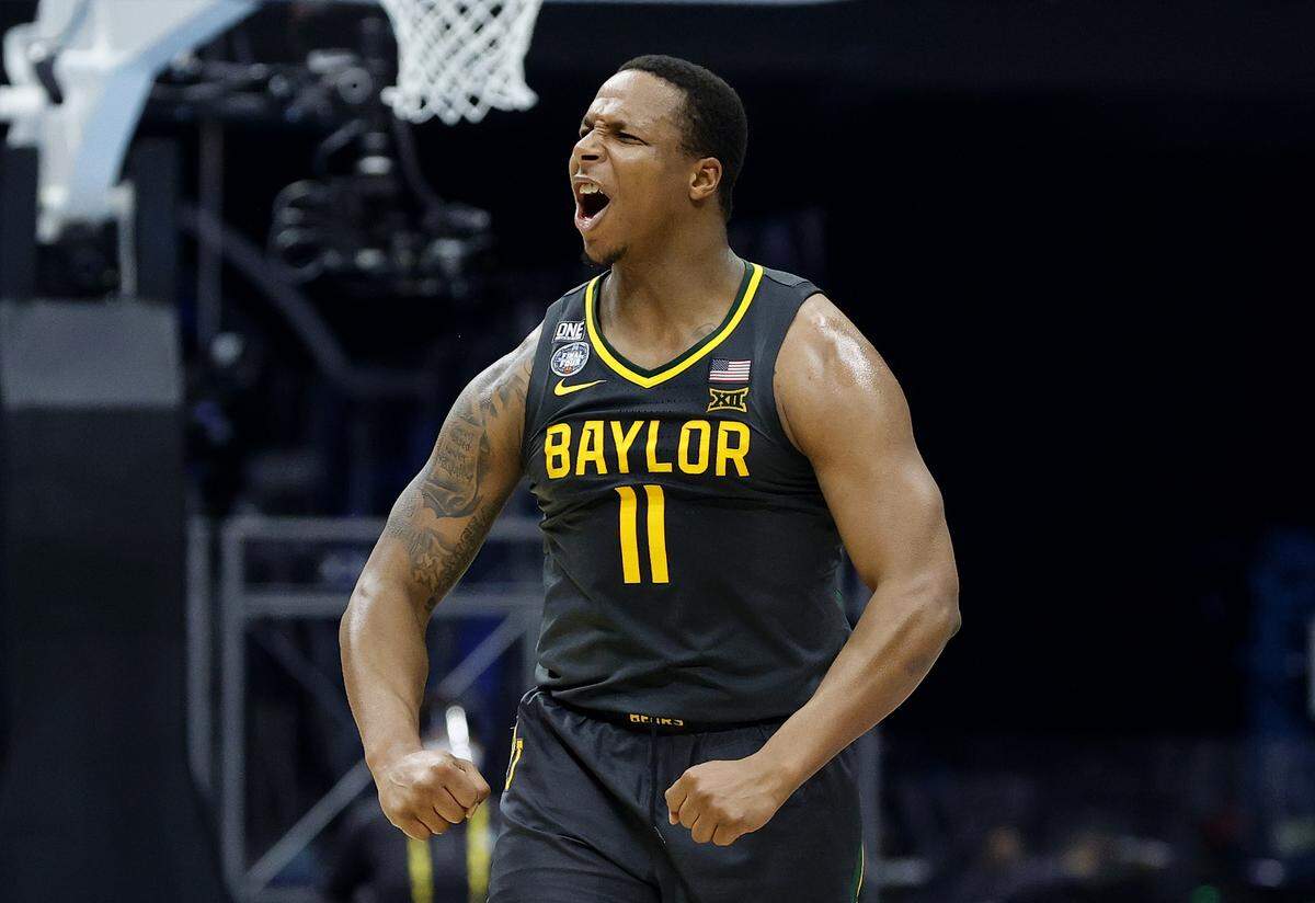 Mark Vital #11 of the Baylor Bears reacts in the second half of the National Championship game of the 2021 NCAA Men's Basketball Tournament against the Gonzaga Bulldogs at Lucas Oil Stadium on April 05, 2021 in Indianapolis, Indiana.