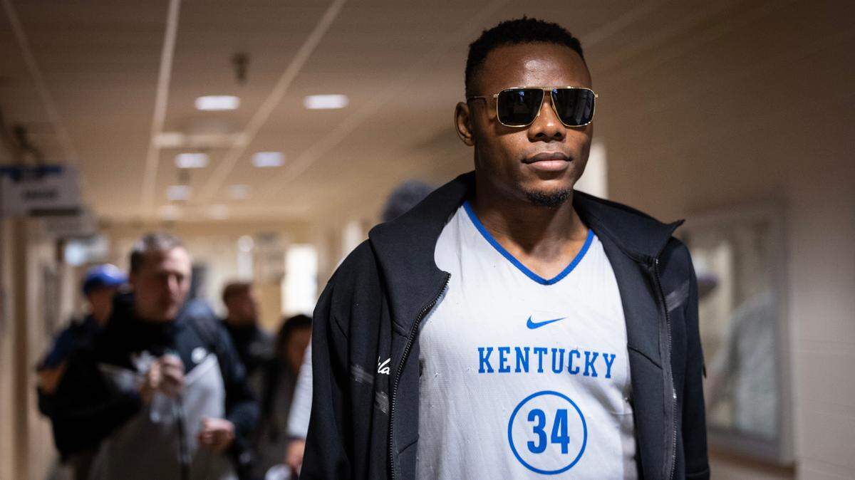 Kentucky’s Oscar Tshiebwe leaves the Greensboro Coliseum on Saturday after completing practice and media interviews on Saturday. Tshiebwe grabbed 25 rebounds in the Wildcats’ first round win over Providence on Friday.