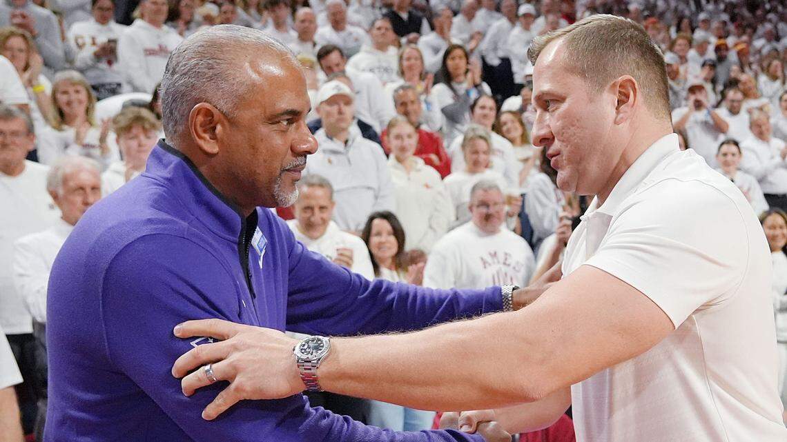 Iowa State Cyclones men’s basketball head coach T.J. Otzelberger and Kansas State Wildcats head coach Jerome Tang sake hands before Iowa State and Kansas St men’s basketball in the Big-12 men’s basketball showdown at Hilton Coliseum on Feb 1, 2025 in Ames, Iowa.
