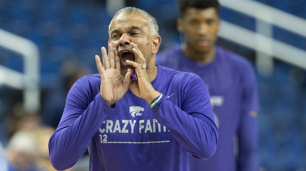 Kansas State head coach Jerome Tang yells out instructions during practice at the Greensboro Coliseum on Thursday. Kansas State will take on Montana State in first round of the NCAA Tournament on Friday.