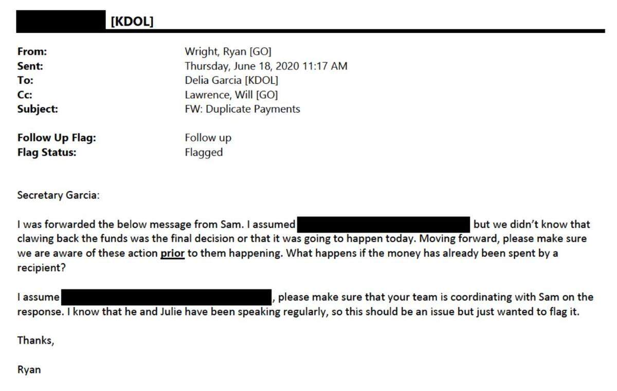 Ryan Wright, Gov. Laura Kelly’s deputy chief of staff, emails Delia Garcia, the secretary of Labor.