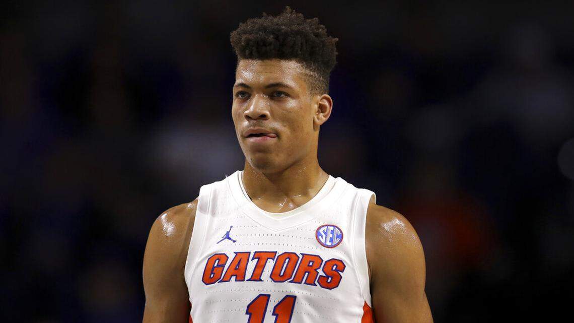 FILE - In this Nov. 29, 2019, file photo, Florida forward Keyontae Johnson (11) looks on during the first half of an NCAA college basketball game against Marshall in Gainesville, Fla.