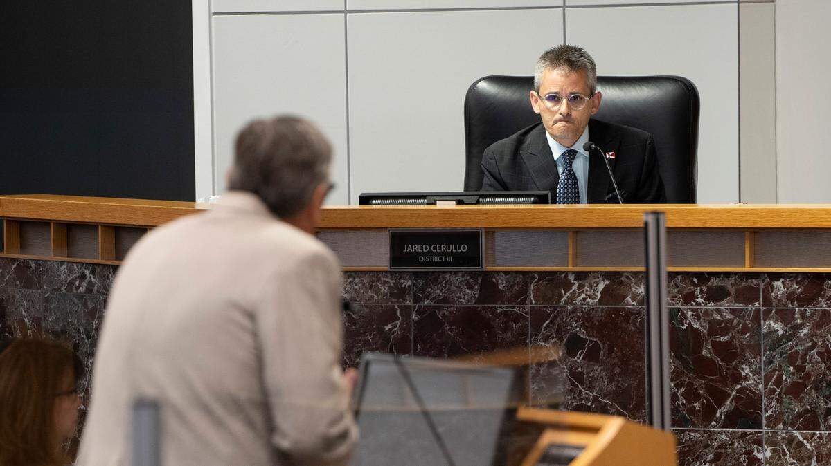 Wichita City Council member Jared Cerullo asks Chuck Weber, executive director of the Kansas Catholic Conference, questions after Weber addressed the council on a proposed anti-discrimination ordinance on July 6, 2021. The following week, Cerullo was included in a 5-2 majority vote to table the ordinance for 90 days.