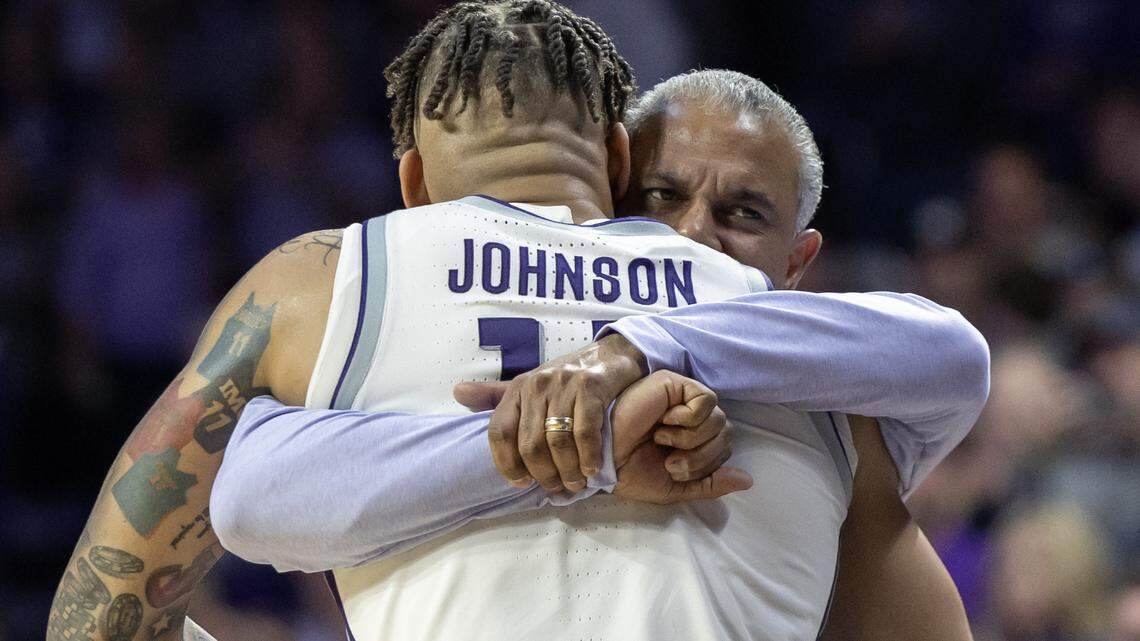Coach Jerome Tang hugs senior Keyontae Johnson after Johnson exited the game for the final time during the second half against Oklahoma on Wednesday night in Manhattan.