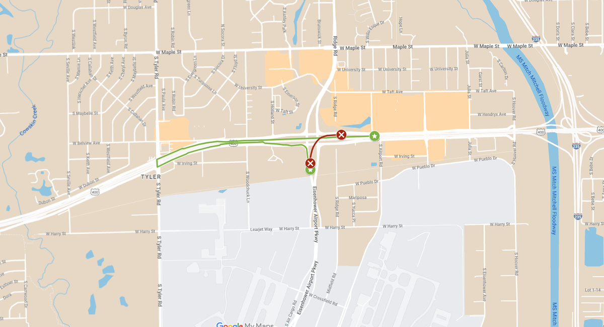 While the bridge that connects westbound Kellogg (U.S. 54) to southbound Eisenhower Airport Parkway is closed for maintenance work, drivers headed west to the airport on Kellogg will instead take the next exit to Tyler Road. They then will get on eastbound Kellogg, then exit on West Kellogg Drive until they reach the airport parkway.