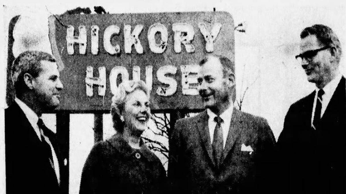 Robert Dry Jr., left and his mother, Verda, second from left, were pictured in the Wichita Beacon in December 1967, when they sold their Hickory House restaurant at 1625 E. Central. Also pictured are Rick Harman and Keith Kappelman of the Myron Green Cafeteria Co., which bought the restaurant.