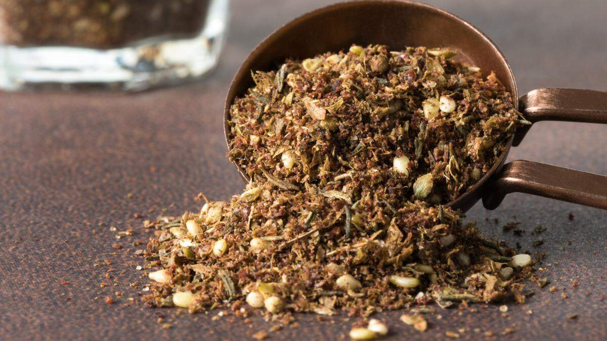 Za’atar is a Middle Eastern spice mix usually made of dried oregano, thyme, and/or marjoram, with sumac and toasted sesame seeds.