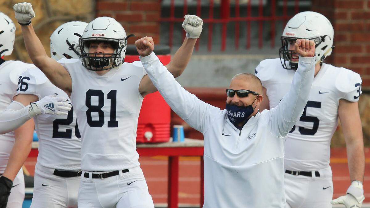 Mill Valley head coach Joel Applebee celebrates as the final second tick off the clock during their victory over Wichita Northwest’s at the 5A Championship game in Pittsburg on Saturday.