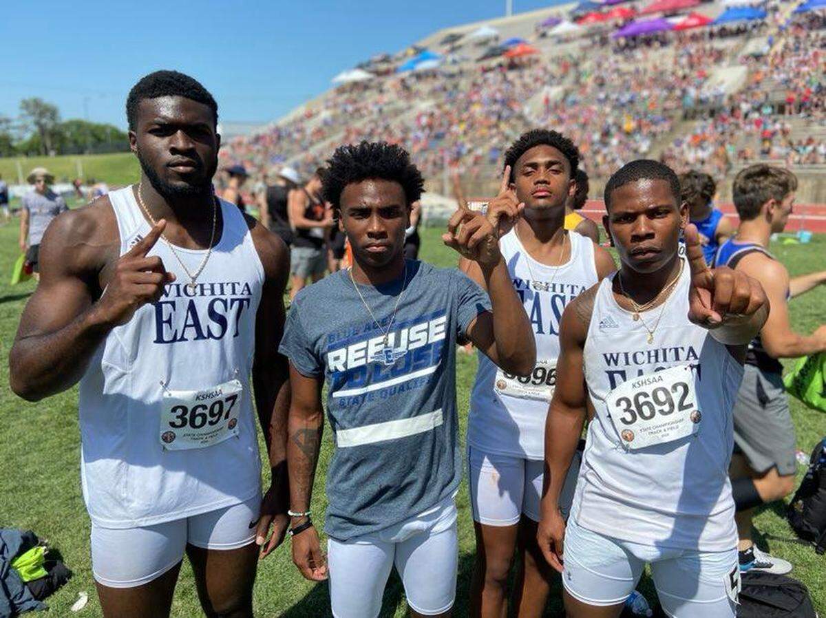 The Wichita East boys 400 relay team of Tobi Osunsanmi, Caquoy Patterson, Travon Manuel and Justin Bell won the Class 6A championship for the second year in a row.