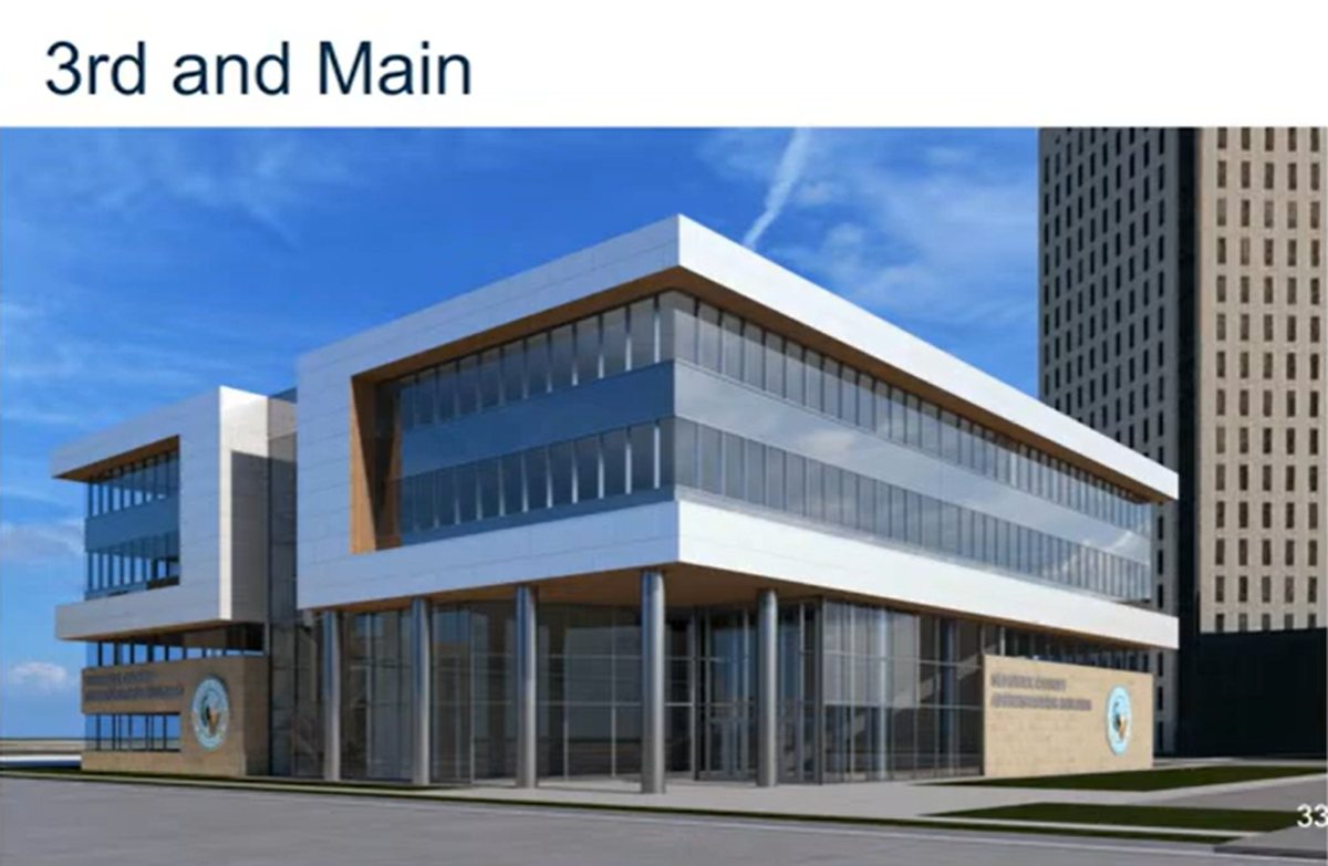 A mock-up of a new Sedgwick County administrative building that would be built at 3rd and Main in Wichita.